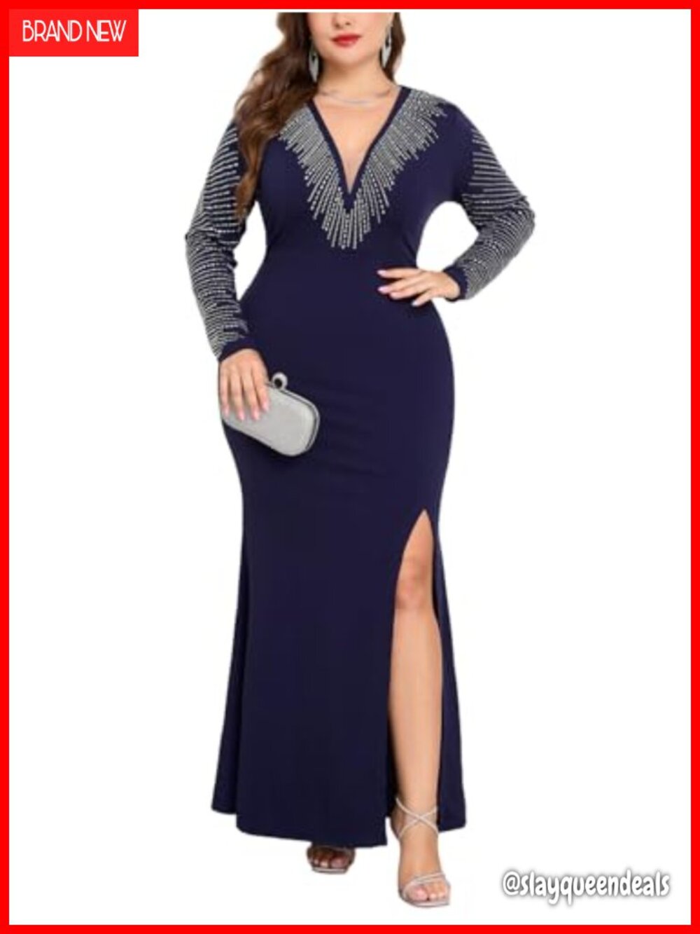 Plus Size Rhinestone Maxi Dress Long Sleeve Deep V-Neck Mermaid Formal Evening